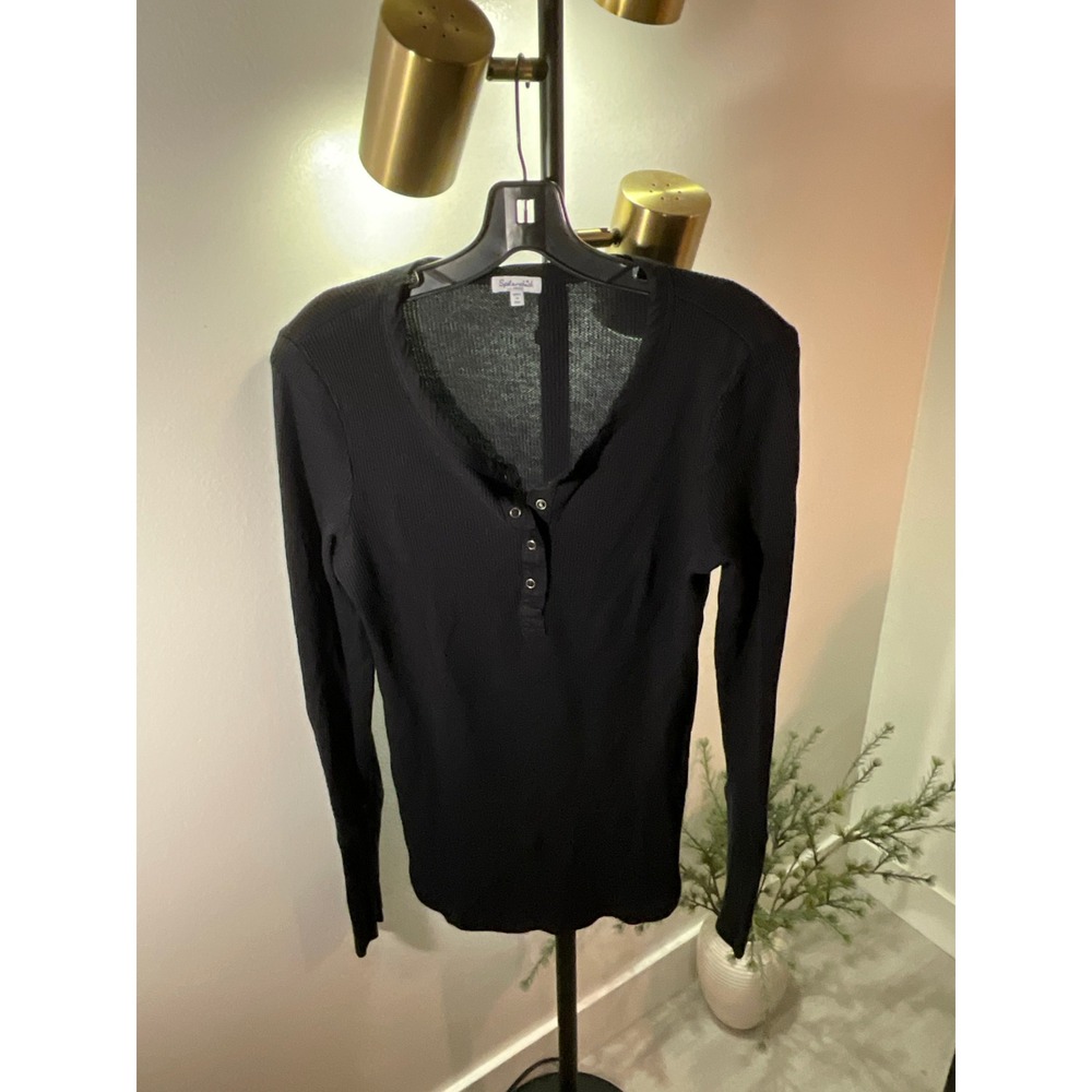 Splendid classic metal button henley lg vneck cute fall layering waffle knit blk